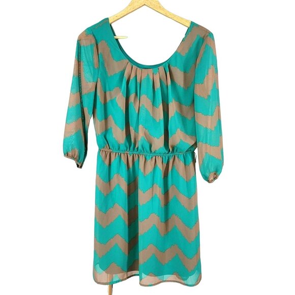 As U Wish Boho Western Mini Dress Green Brown Medium Chevron Lined Sheer Sleeves - Picture 1 of 7